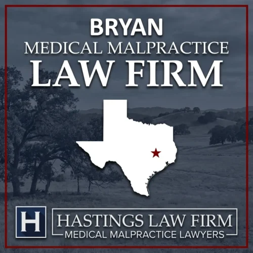 Los mejores abogados especializados en negligencia médica en Bryan Texas Una imagen panorámica de Bryan Texas. Una estrella roja señala el lugar donde los abogados locales especializados en negligencia médica han ayudado a pacientes lesionados. El logotipo de Hastings Law Firm aparece en la parte inferior.
