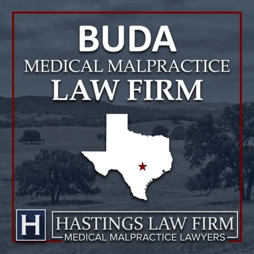 Best Medical Malpractice Attorneys in Buda Texas A landscape scene of Buda Texas. A red star pinpoints the location where local Medical Malpractice Lawyers have helped injured patients. The Hastings Law Firm logo appears at the bottom.