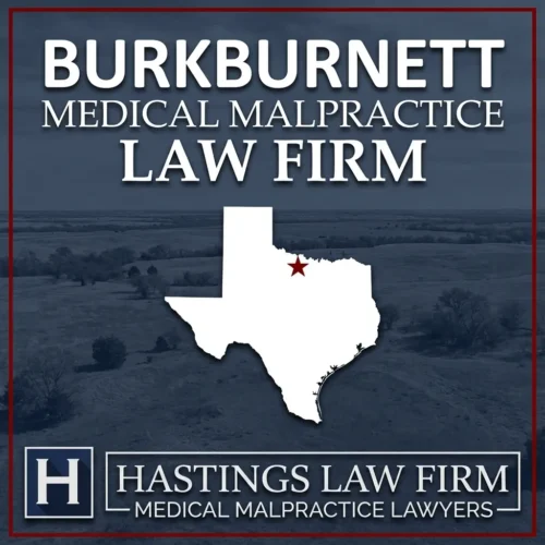 Best Medical Malpractice Attorneys in Burkburnett Texas A landscape scene of Burkburnett Texas. A red star pinpoints the location where local Medical Malpractice Lawyers have helped injured patients. The Hastings Law Firm logo appears at the bottom.