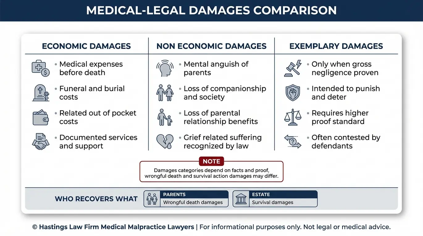 Comparison chart outlining economic non economic and exemplary damages categories that a Texas Infant Wrongful Death Lawyer may pursue in a wrongful death claim.