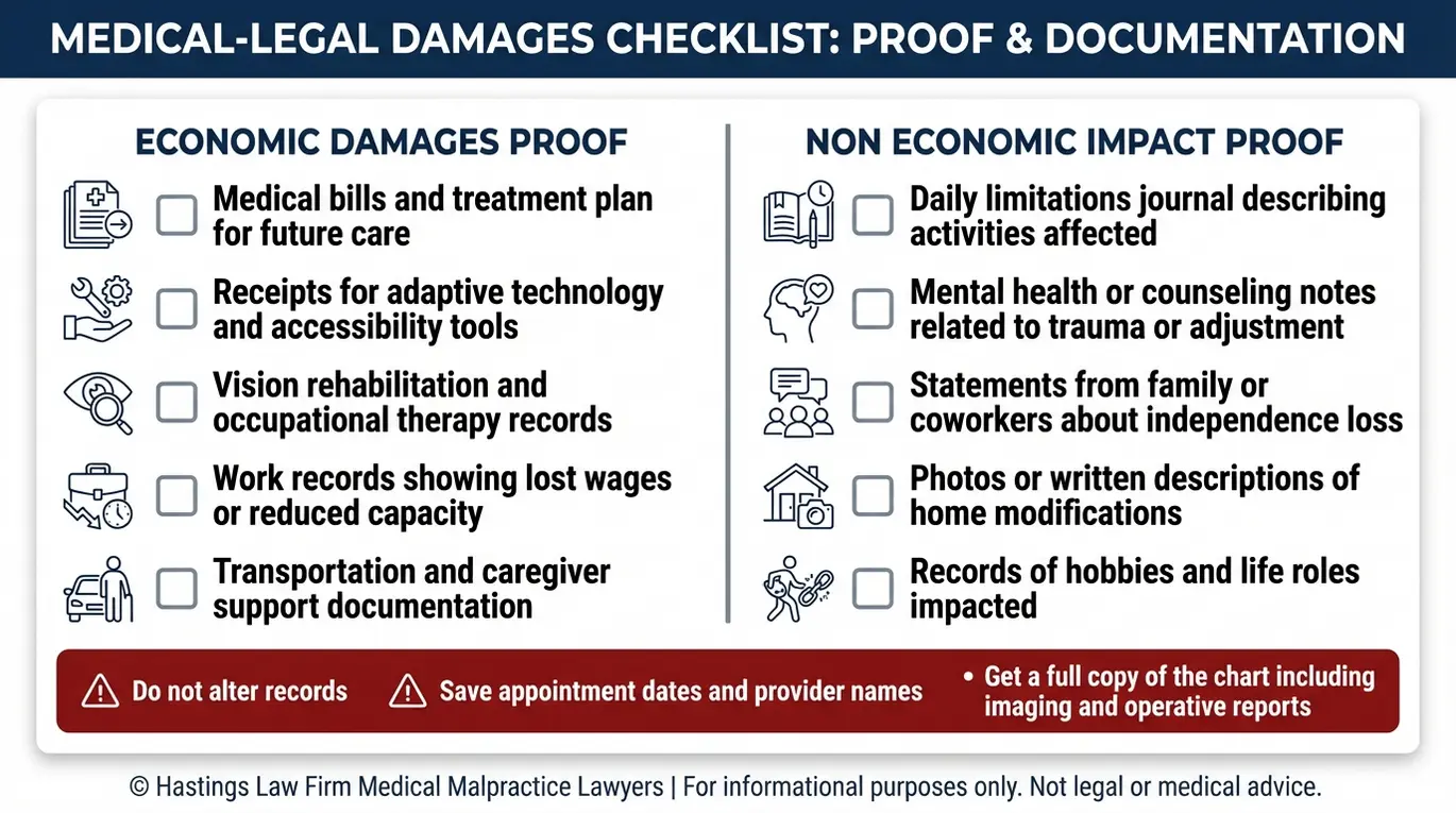 Lista de verificación de documentos y notas de impacto que se utilizan para fundamentar la reclamación por daños y perjuicios derivados de la ceguera y la pérdida de visión en un caso de negligencia médica por parte de un oftalmólogo ante Texas.