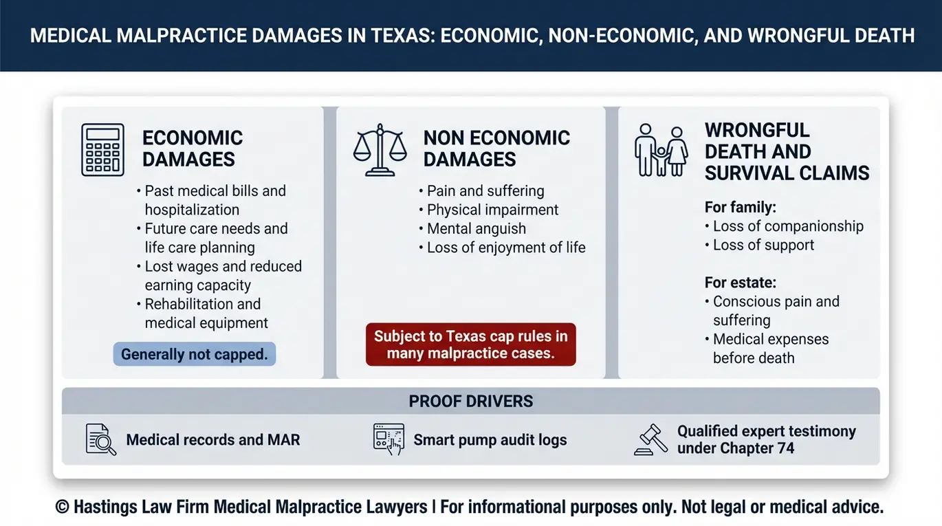 Data infographic summarizing economic damages, non economic damages, and wrongful death categories used by a Texas Magnesium Sulfate Overdose Lawyer in a medical malpractice case along with key evidence proof drivers.
