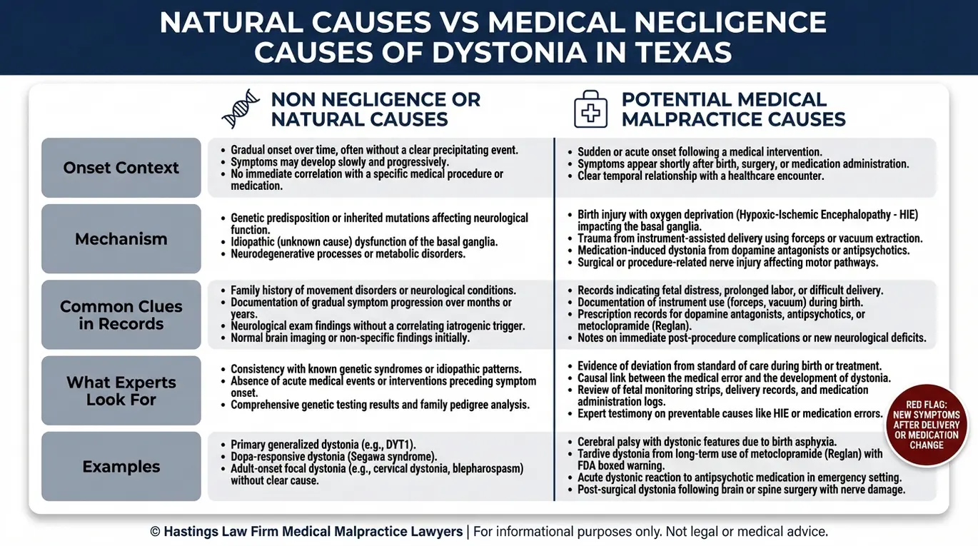 Comparison chart showing natural causes versus medical negligence causes of dystonia for a Texas Dystonia Disorder Lawyer case review.