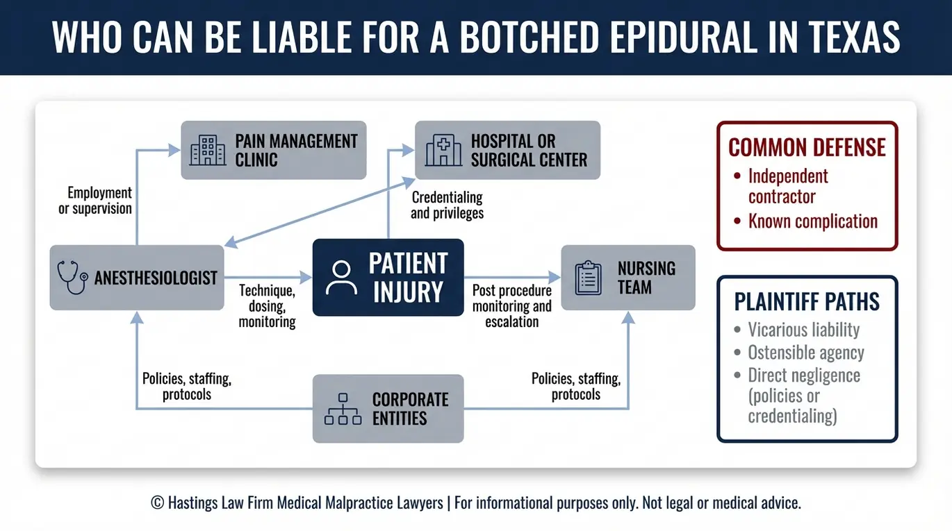 Entity map showing who may be liable in a botched epidural case for a Texas Epidural Injection Injury Lawyer including anesthesiologist clinic and hospital relationships.