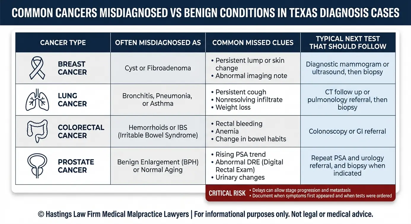 Tabla comparativa para un Texas Abogado de diagnósticos erróneos de cáncer que muestra patrones de diagnósticos erróneos de cáncer de mama pulmón colorrectal y próstata diagnósticos benignos comunes pistas perdidas y las siguientes pruebas que deberían seguir.