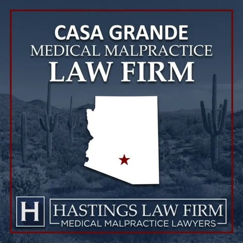 Los mejores abogados especializados en negligencia médica en Casa Grande, Arizona Una imagen panorámica de Casa Grande, Arizona. Una estrella roja señala el lugar donde los abogados locales especializados en negligencia médica han ayudado a pacientes lesionados. El logotipo de Hastings Law Firm aparece en la parte inferior.