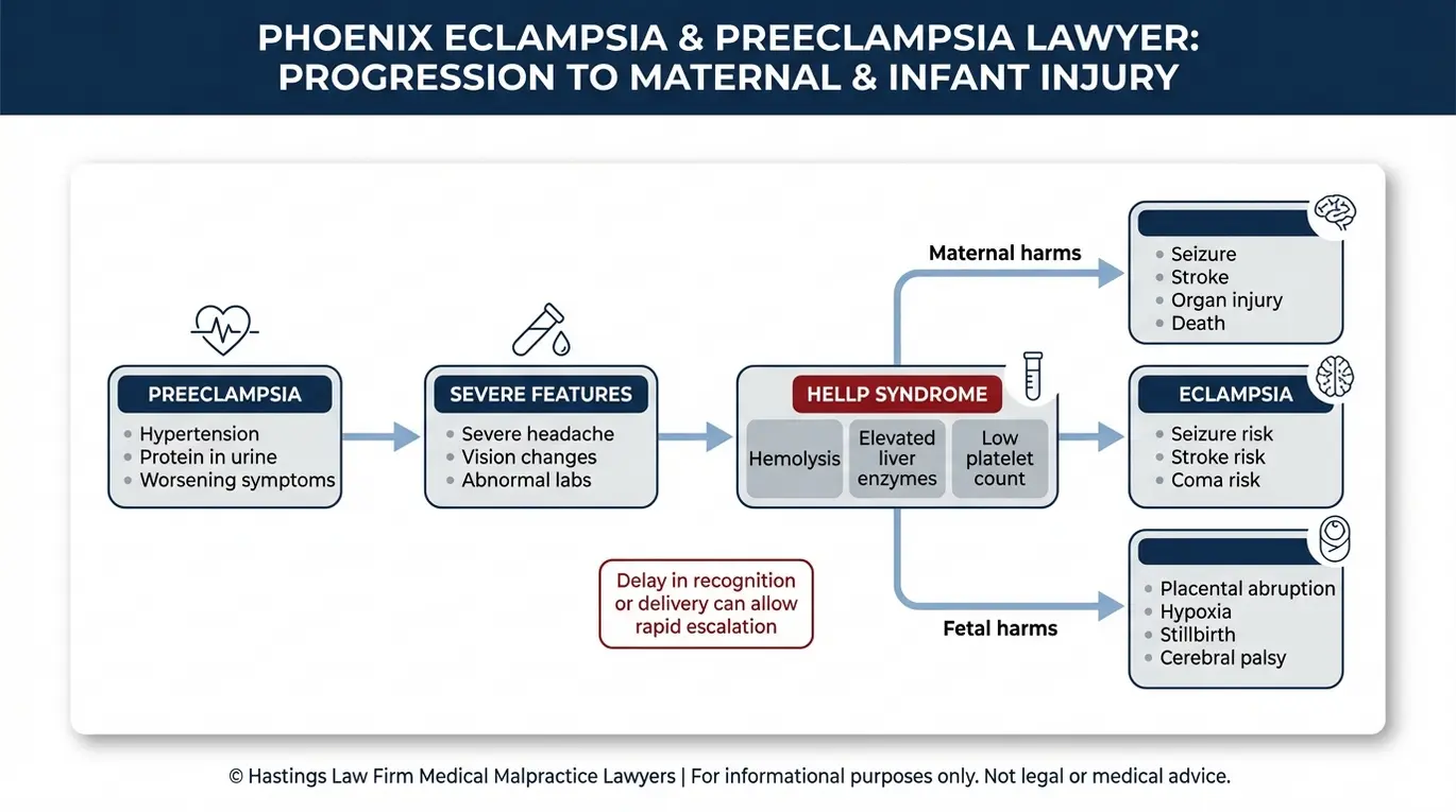 Clinical diagram mapping preeclampsia progression to HELLP syndrome and eclampsia with maternal harms and fetal harms for Phoenix Eclampsia and Preeclampsia Lawyer case causation.
