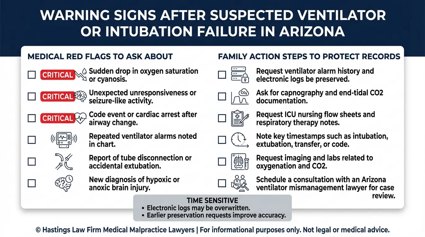 Warning checklist for an Arizona Ventilator Mismanagement Lawyer case listing red flags of hypoxia or airway failure and the key medical records to request such as ventilator logs and capnography end tidal CO2 notes.