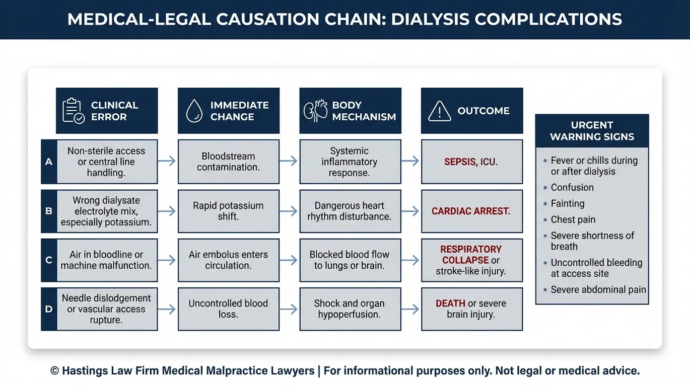 Clinical concept diagram showing how dialysis errors lead to sepsis cardiac arrest air embolism injury and fatal bleeding used in evaluation by a Texas Dialysis Center Malpractice Lawyer.
