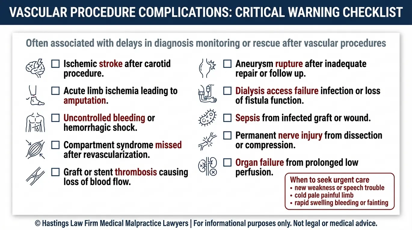 Lista de verificación de advertencias para un abogado especializado en negligencia médica de cirujanos vasculares Texas, que resume las lesiones catastróficas derivadas de la negligencia vascular, incluyendo accidentes cerebrovasculares, isquemia de extremidades, amputaciones, hemorragias y fracaso de injertos.