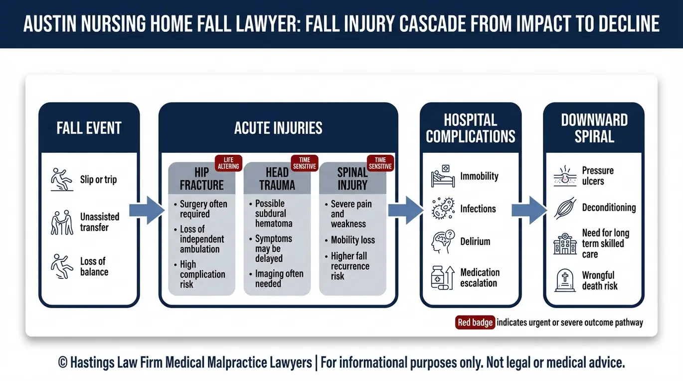Causation chain infographic showing how a fall can lead to hip fracture, head trauma, spinal injury, complications, and decline for an Austin Nursing Home Fall Lawyer evaluation.