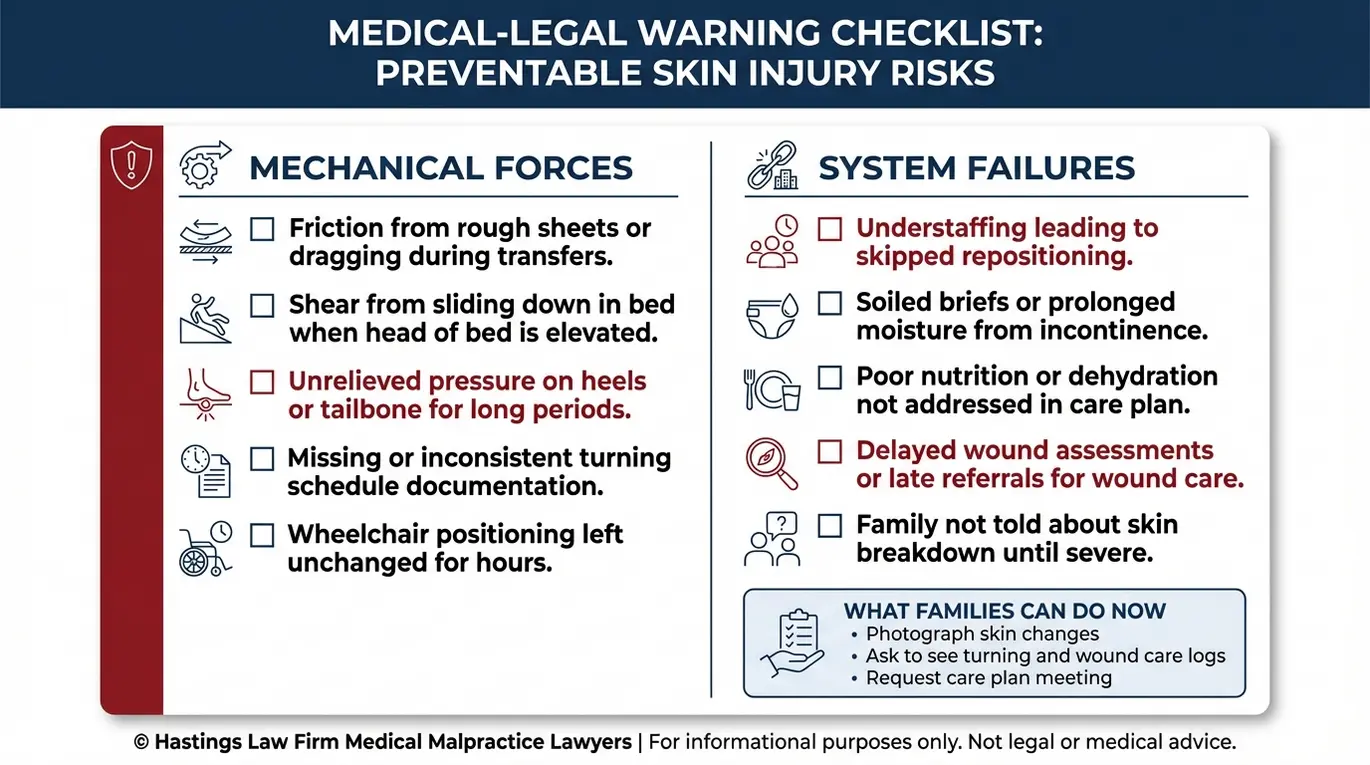 Warning checklist of nursing home neglect red flags that cause pressure sores and bed sores including friction shear missed turning schedules and understaffing for Texas Nursing Home Bedsores Lawyers research.
