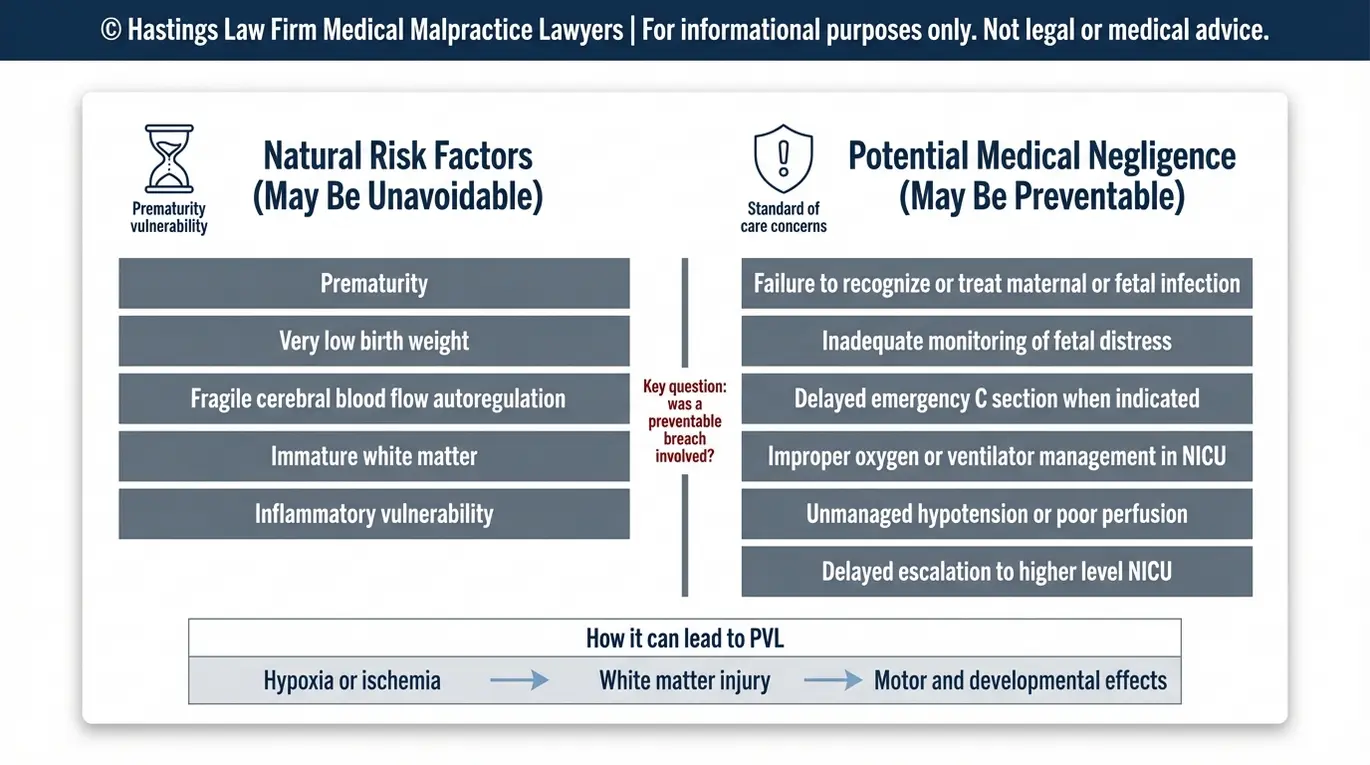 Comparison chart for a Texas Periventricular Leukomalacia Lawyer showing natural PVL risk factors versus potential medical negligence causes including infection failures fetal distress monitoring delays emergency C section delays and NICU oxygen management errors.