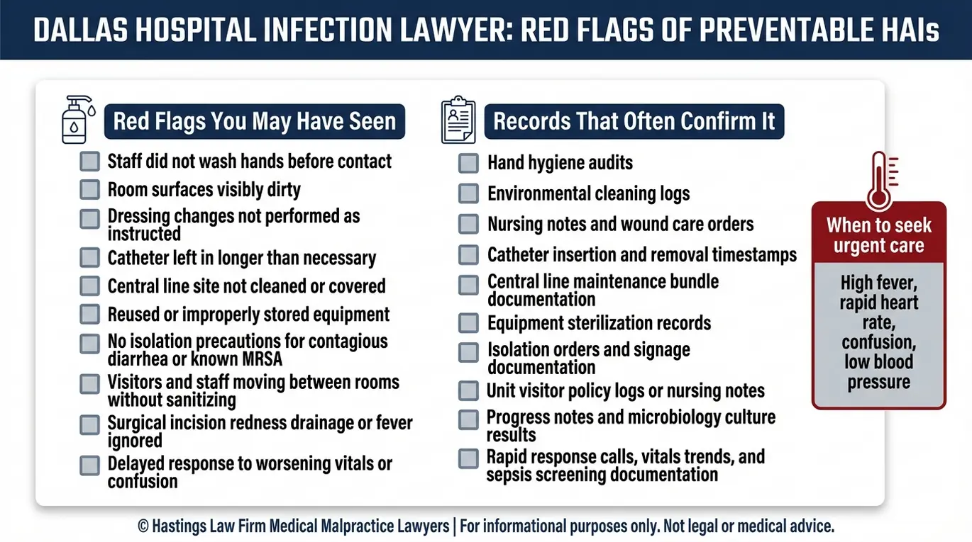 Warning checklist of preventable hospital infection red flags and matching records to request for a Dallas Hospital Infection Lawyer evaluation including hygiene lapses catheter and central line issues and isolation failures.
