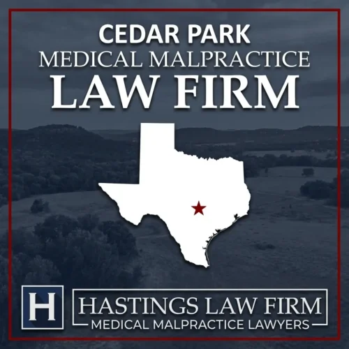 Los mejores abogados especializados en negligencia médica en Cedar Park Texas Una imagen panorámica de Cedar Park Texas. Una estrella roja señala el lugar donde los abogados locales especializados en negligencia médica han ayudado a pacientes lesionados. El logotipo de Hastings Law Firm aparece en la parte inferior.