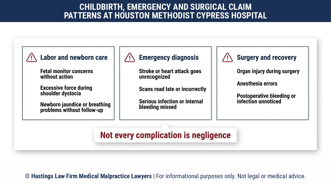 Qué tipos de casos de lesiones durante el parto, emergencias o cirugías presenta un abogado especializado en negligencia hospitalaria contra el Hospital Houston Methodist Cypress.
