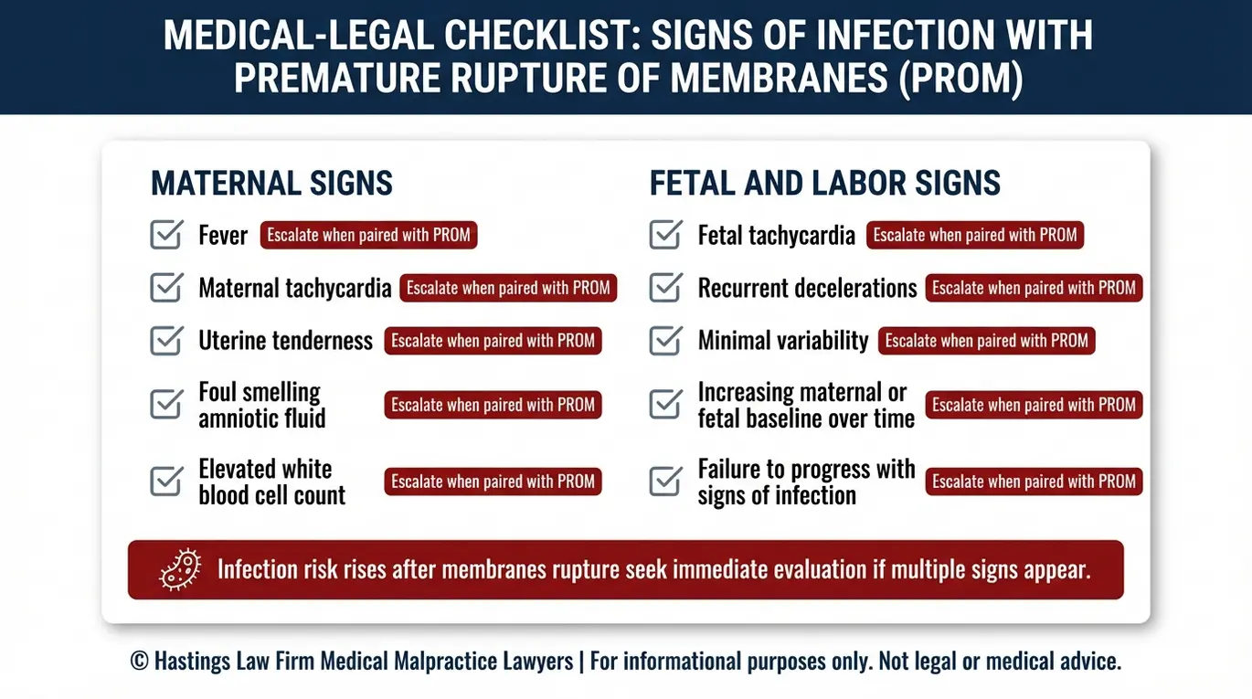 Warning checklist of chorioamnionitis signs after PROM including maternal fever uterine tenderness tachycardia fetal tachycardia decelerations and minimal variability relevant to a Texas Prolonged Rupture of Membranes Lawyer claim.