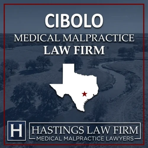 Best Medical Malpractice Attorneys in Cibolo Texas A landscape scene of Cibolo Texas. A red star pinpoints the location where local Medical Malpractice Lawyers have helped injured patients. The Hastings Law Firm logo appears at the bottom.