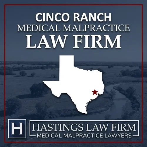 Best Medical Malpractice Attorneys in Cinco Ranch Texas A landscape scene of Cinco Ranch Texas. A red star pinpoints the location where local Medical Malpractice Lawyers have helped injured patients. The Hastings Law Firm logo appears at the bottom.