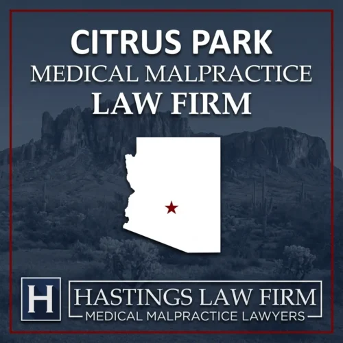 Los mejores abogados especializados en negligencia médica en Citrus Park, Arizona Una vista panorámica de Citrus Park, Arizona. Una estrella roja señala el lugar donde los abogados locales especializados en negligencia médica han ayudado a pacientes lesionados. El logotipo de Hastings Law Firm aparece en la parte inferior.