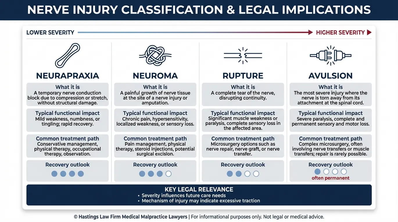 Tabla de clasificación de gravedad elaborada por un abogado especializado en lesiones perinatales por parálisis de Erb en Arizona, en la que se describen la neurapraxia, el neuroma, la rotura y la avulsión, junto con sus definiciones, las opciones de tratamiento y las perspectivas de recuperación.