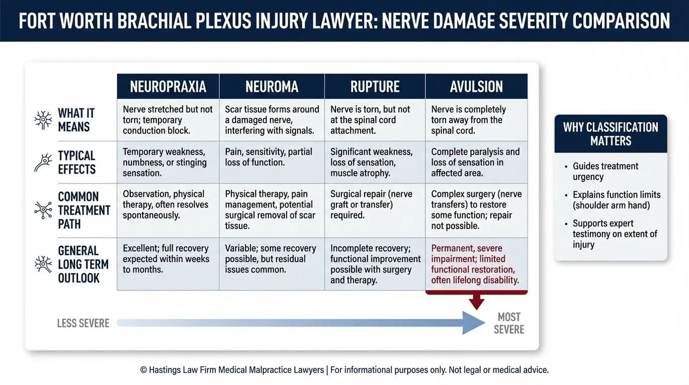 Tabla comparativa de la gravedad de la neuropraxia, el neuroma, la rotura y la avulsión, junto con los efectos, el tratamiento y el pronóstico, utilizada por un abogado especializado en lesiones del plexo braquial de Fort Worth.