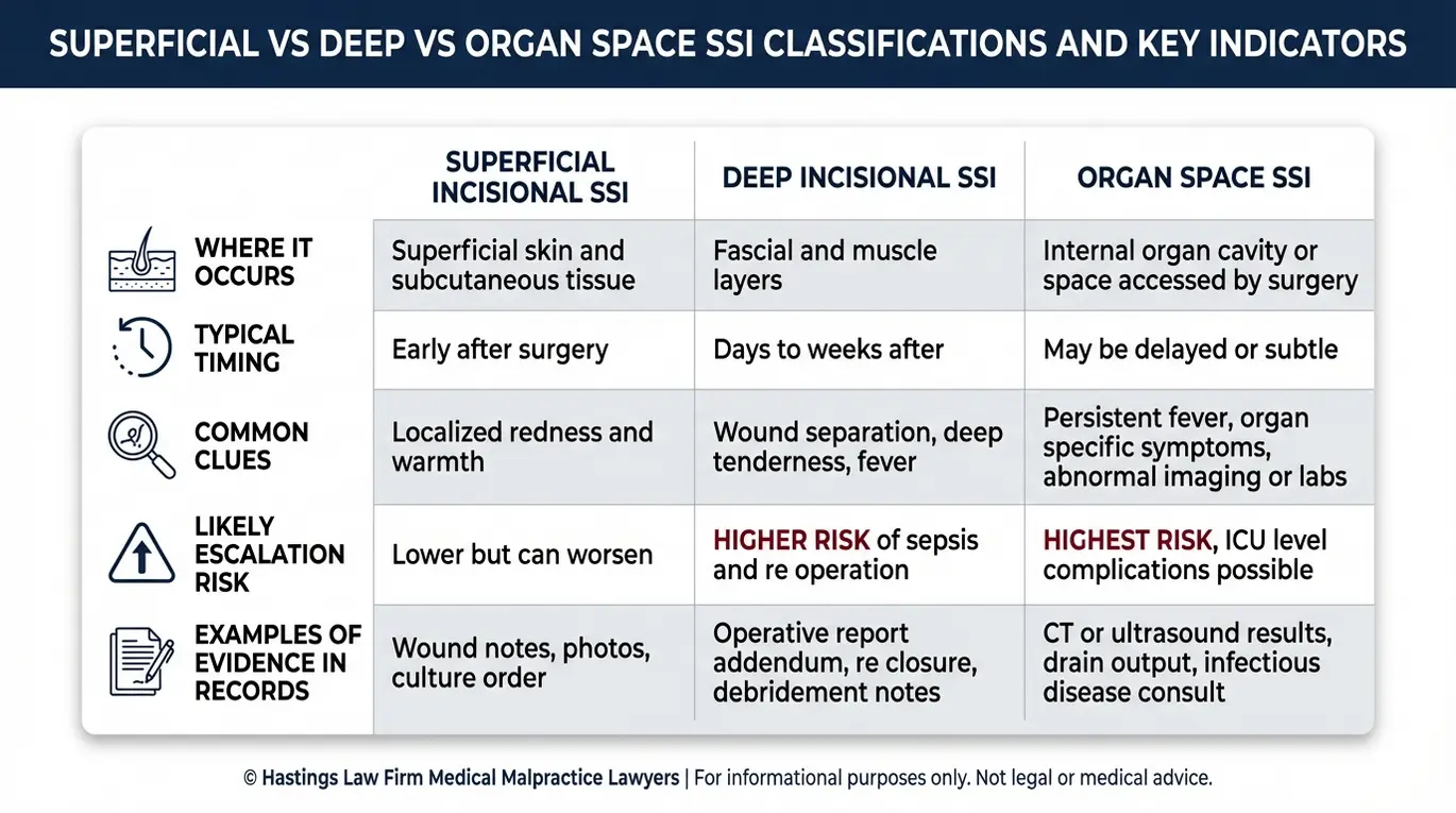 Tabla comparativa en la que se explican las clasificaciones de infecciones del sitio quirúrgico (ISQ) superficiales, profundas y de espacios orgánicos, para el análisis de un caso por parte de un abogado especializado en infecciones del sitio quirúrgico de Arizona.