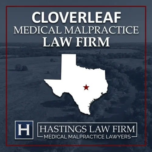 Best Medical Malpractice Attorneys in Cloverleaf Texas A landscape scene of Cloverleaf Texas. A red star pinpoints the location where local Medical Malpractice Lawyers have helped injured patients. The Hastings Law Firm logo appears at the bottom.