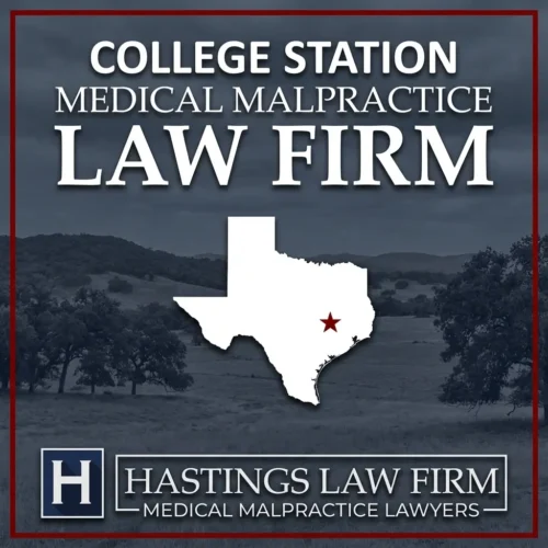 Los mejores abogados especializados en negligencia médica en College Station Texas Una imagen panorámica de College Station Texas. Una estrella roja señala el lugar donde los abogados locales especializados en negligencia médica han ayudado a pacientes lesionados. El logotipo de Hastings Law Firm aparece en la parte inferior.