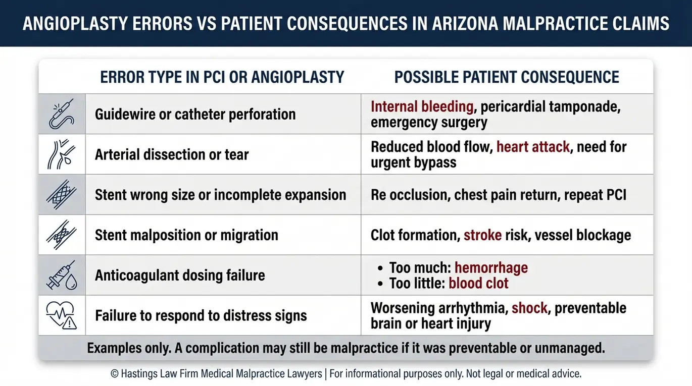 Tabla comparativa elaborada por un abogado especializado en negligencia médica en angioplastias de Arizona, en la que se muestran los errores habituales en la angioplastia percutánea transvascular (PCI) y las consecuencias que estos tienen para los pacientes, tales como hemorragias internas, coágulos sanguíneos, accidentes cerebrovasculares y ataques cardíacos.