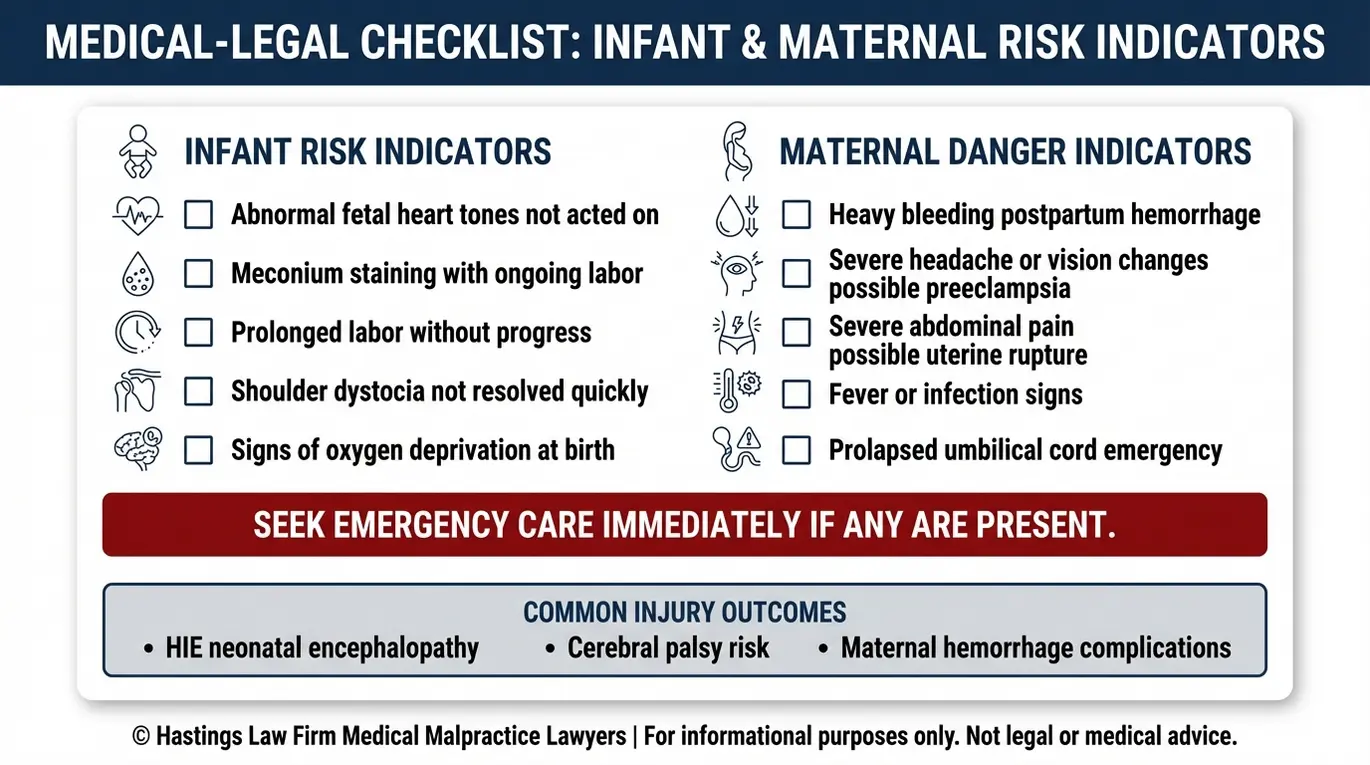 Warning checklist for a Texas Midwife Malpractice Lawyer summarizing infant and maternal red flags such as abnormal fetal heart tones meconium shoulder dystocia postpartum hemorrhage and uterine rupture linked to serious birth injury outcomes.