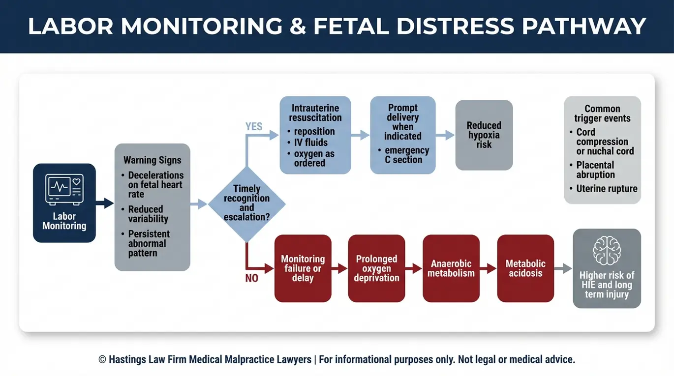 Process flowchart for a Texas Fetal Acidosis Lawyer explaining how fetal distress warning signs and delayed intrauterine resuscitation or emergency C section can lead to hypoxia anaerobic metabolism and metabolic acidosis with risk of HIE.