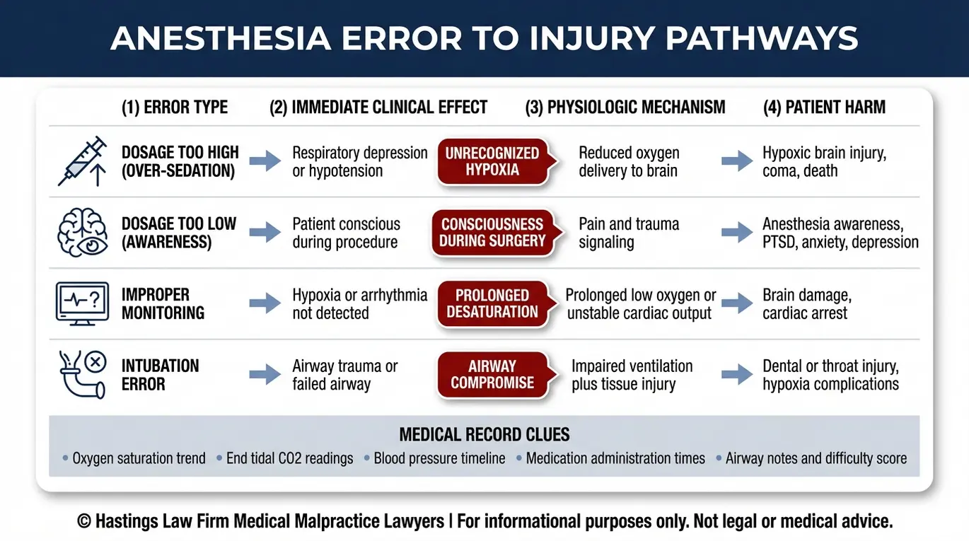 Diagrama clínico que muestra cómo los errores comunes de negligencia en anestesia en Fort Worth —tales como errores de dosificación, monitoreo inadecuado y errores de intubación— provocan hipoxia, conciencia durante la anestesia y lesiones graves, para el análisis de un caso por parte de un abogado especializado en errores de anestesia en Fort Worth.