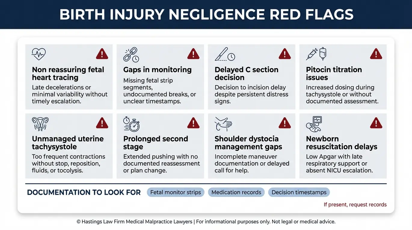 Warning checklist of common labor and delivery negligence red flags for parents seeking a Texas Birth Injury Lawyer including fetal monitoring gaps delayed C section and Pitocin related concerns.