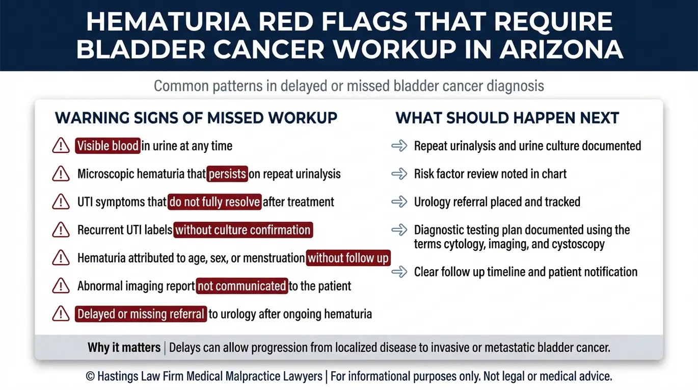 Lista de verificación de señales de alerta de hematuria y medidas de seguimiento que utiliza un abogado especializado en casos de diagnóstico erróneo de cáncer de vejiga en Arizona para evaluar los indicios de un diagnóstico tardío.