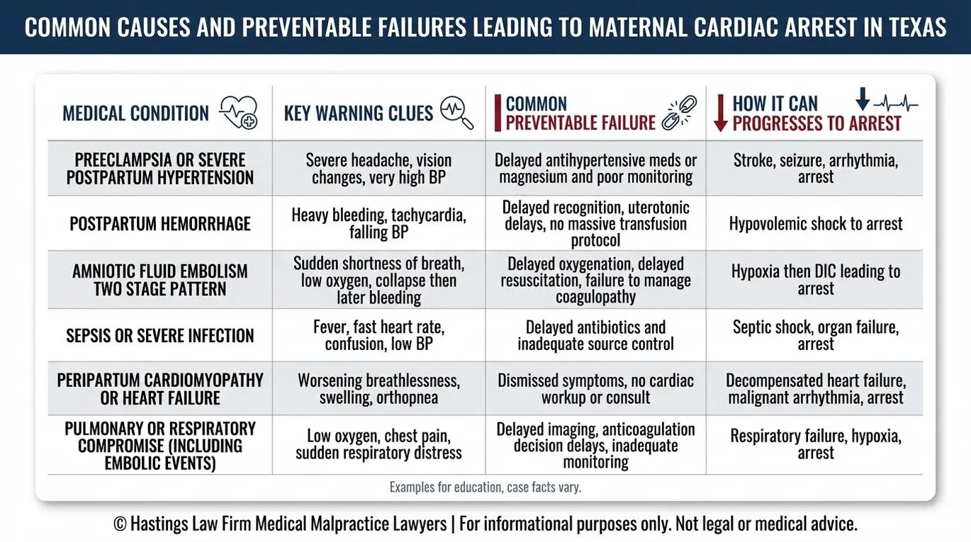 Comparison chart showing medical conditions and preventable failures that can lead to Texas Maternal Cardiac Arrest Lawyer claims including hemorrhage, preeclampsia, sepsis, amniotic fluid embolism, and peripartum cardiomyopathy.