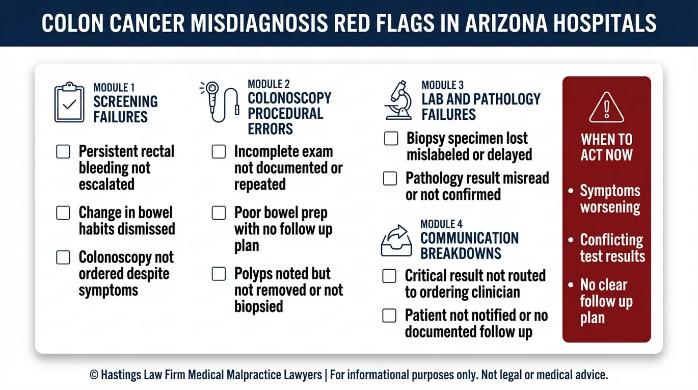 Lista de señales de alerta de diagnósticos erróneos de cáncer de colon que revisa un abogado especializado en diagnósticos erróneos de cáncer de colon en Arizona, incluyendo fallos en las pruebas de detección, errores en la colonoscopia, errores en el análisis patológico y fallos en la comunicación.