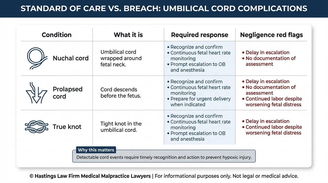 Comparison chart of nuchal cord prolapsed cord and true knot with required standard of care actions and negligence red flags relevant to a Texas Umbilical Cord Entrapment Lawyer claim.