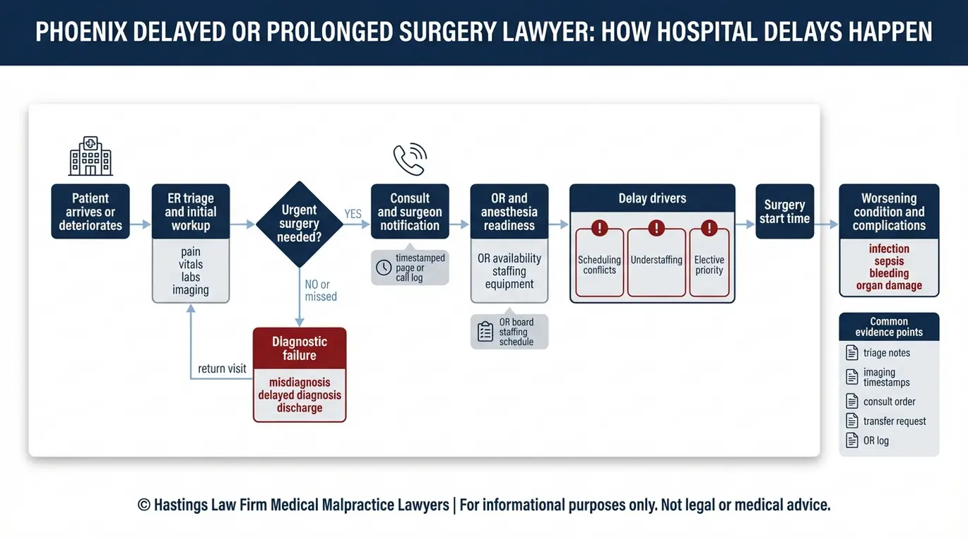 Process flowchart for Phoenix Delayed or Prolonged Surgery Lawyer cases showing ER triage consult OR readiness delay drivers key evidence points and the complication outcome chain.
