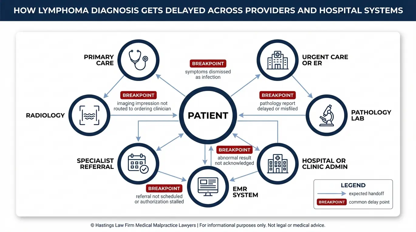 Mapa de entidades que muestra cómo pueden fallar los sistemas de radiología, patología, historias clínicas electrónicas y derivaciones en la atención primaria, provocando retrasos que investiga un abogado especializado en diagnósticos erróneos de linfoma de Arizona.