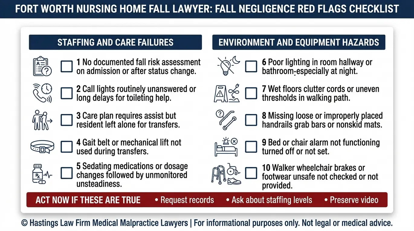 Warning checklist of common preventable nursing home fall causes and red flags evaluated by a Fort Worth Nursing Home Fall Lawyer including staffing delays care plan failures and environmental hazards.