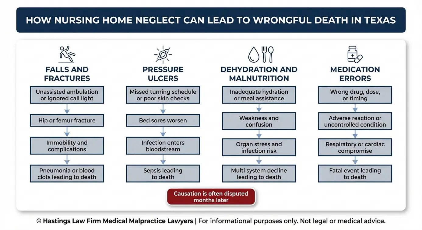 Clinical diagram showing how nursing home neglect leads to death in a Texas Nursing Home Wrongful Death Lawyer case through falls bed sores sepsis dehydration and medication errors.