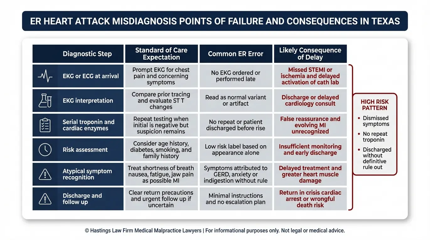 Tabla comparativa que muestra los pasos del diagnóstico de urgencias, el estándar de atención, los errores comunes y las consecuencias en una revisión de Texas Heart Attack Misdiagnosis Lawyer.