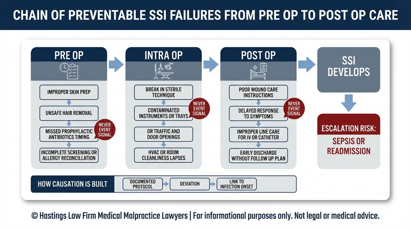 Diagrama de flujo que muestra cómo los fallos en el quirófano y en el postoperatorio pueden provocar una infección posoperatoria, utilizado por un abogado especializado en infecciones del sitio quirúrgico de Arizona para explicar la relación de causalidad.
