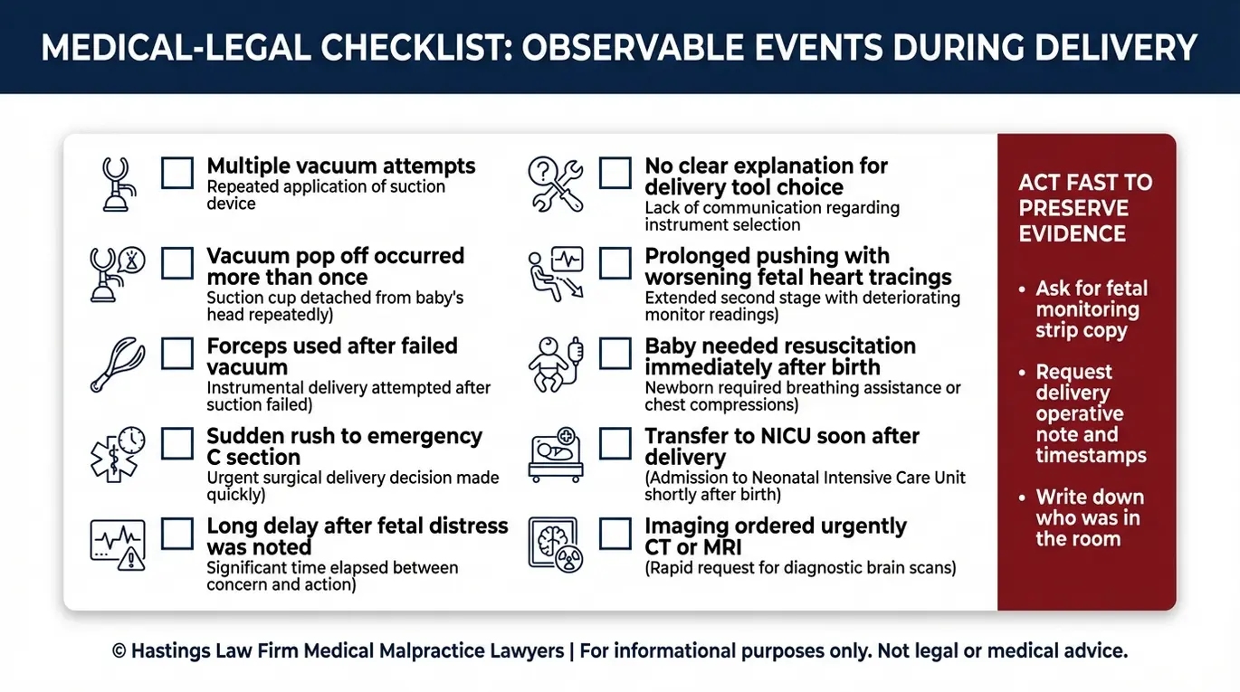 Warning checklist of delivery red flags such as multiple vacuum attempts delayed emergency C section and urgent CT or MRI that parents can review before contacting a Texas Birth Related Subdural Hemorrhage Lawyer.