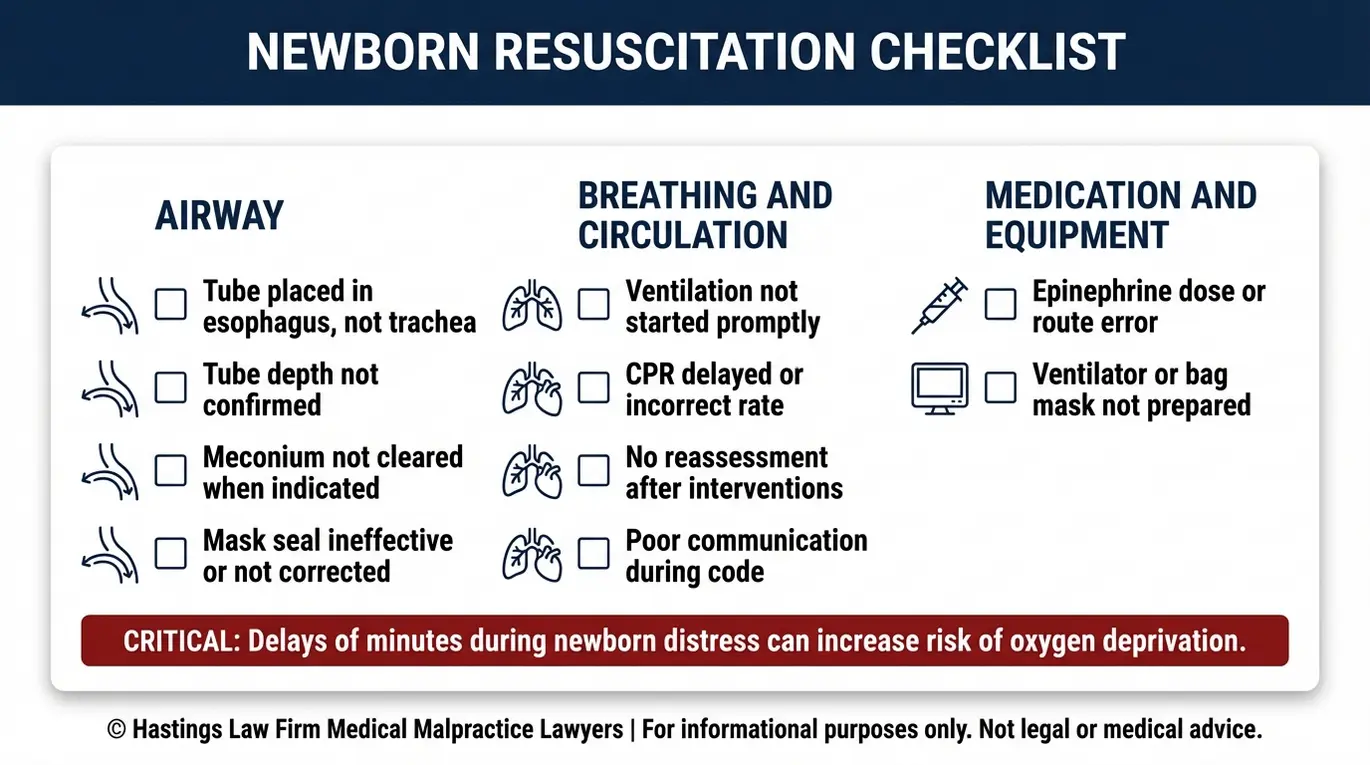 Warning checklist of neonatal resuscitation red flags used by a Texas Infant Resuscitation Error Lawyer to evaluate airway breathing circulation medication and equipment failures after newborn distress.