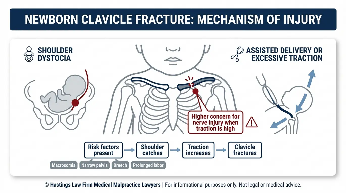 Diagrama conceptual clínico que muestra cómo la distocia de hombros y la tracción excesiva provocada por el uso de fórceps o ventosa obstétrica pueden causar una fractura de clavícula en el recién nacido, un mecanismo que suele evaluar un abogado especializado en lesiones de parto por fractura de clavícula Texas.