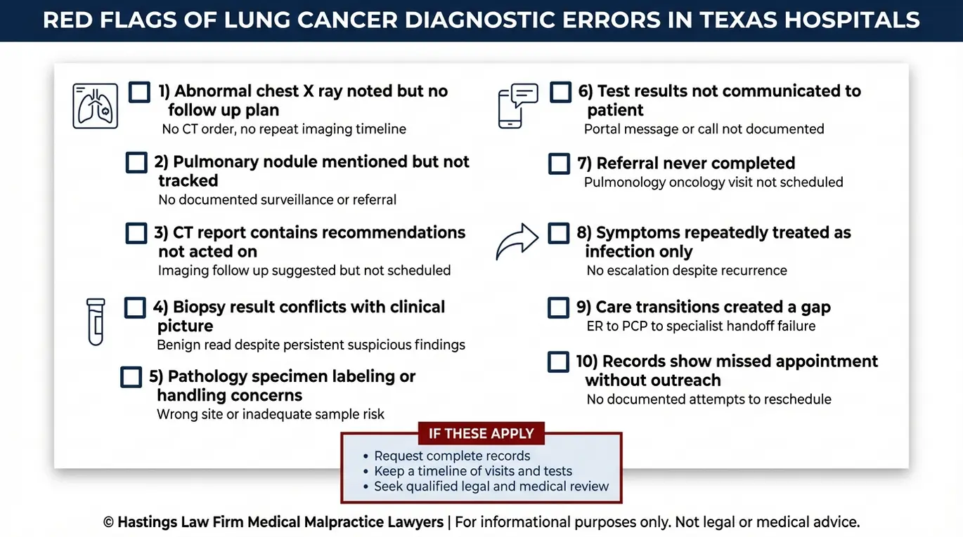 Warning checklist of common diagnostic red flags that support a Texas Lung Cancer Misdiagnosis Lawyer review including missed nodules failed follow up and lost test results.