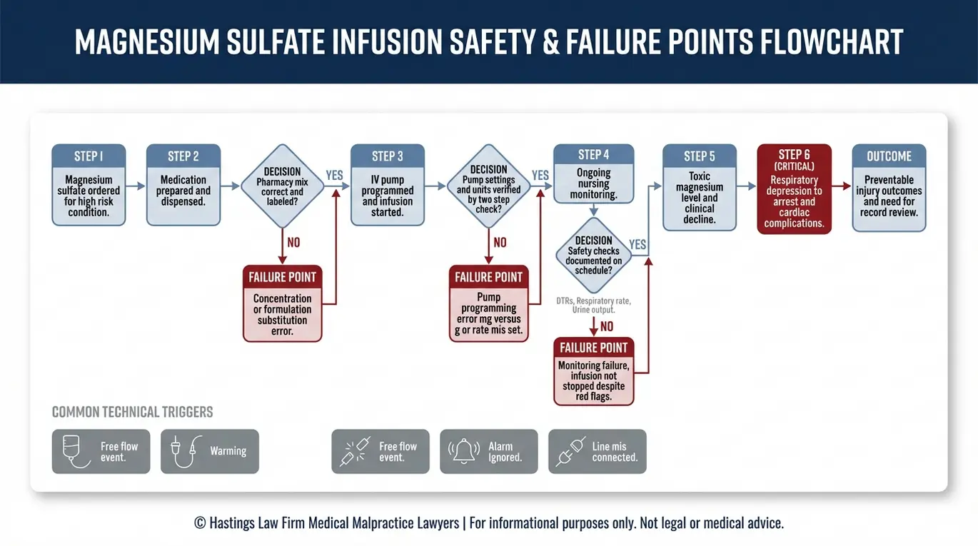 Process flowchart showing how a magnesium sulfate overdose occurs from pharmacy concentration errors or IV pump programming mistakes to failed monitoring and hypermagnesemia leading to respiratory arrest for readers seeking an Arizona Magnesium Sulfate Overdose Lawyer.