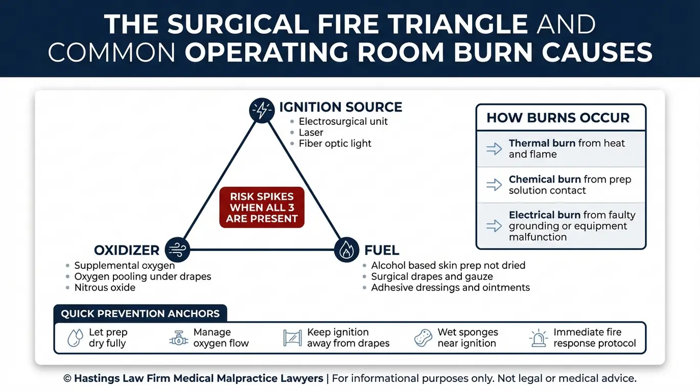 Diagrama que muestra el triángulo del fuego quirúrgico (ignición, oxidante y combustible), junto con las causas de quemaduras térmicas, químicas y eléctricas relevantes para un caso de un abogado especializado en quemaduras médicas Texas.